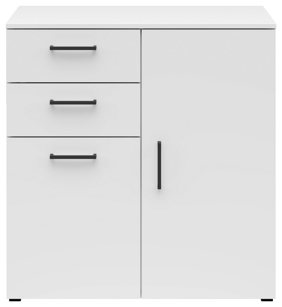 Weiße Kommode mit zwei Schubladen und einer Tür, schwarze Griffe, frontale Ansicht