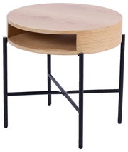 Runder Beistelltisch aus Holz mit schwarzem Metallgestell, seitliche Perspektive