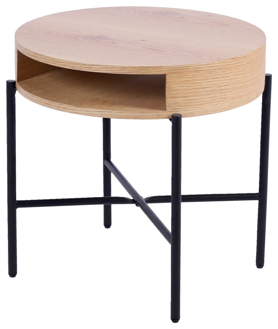 Runder Beistelltisch aus Holz mit schwarzem Metallgestell, seitliche Perspektive