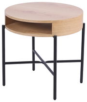 Runder Beistelltisch aus Holz mit schwarzem Metallgestell, seitliche Perspektive