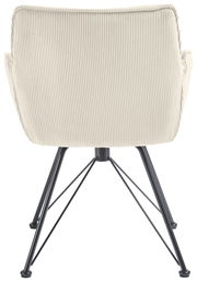 Rückansicht eines Armlehnstuhls mit cremefarbenem, geripptem Stoffbezug und schwarzen Metallbeinen.