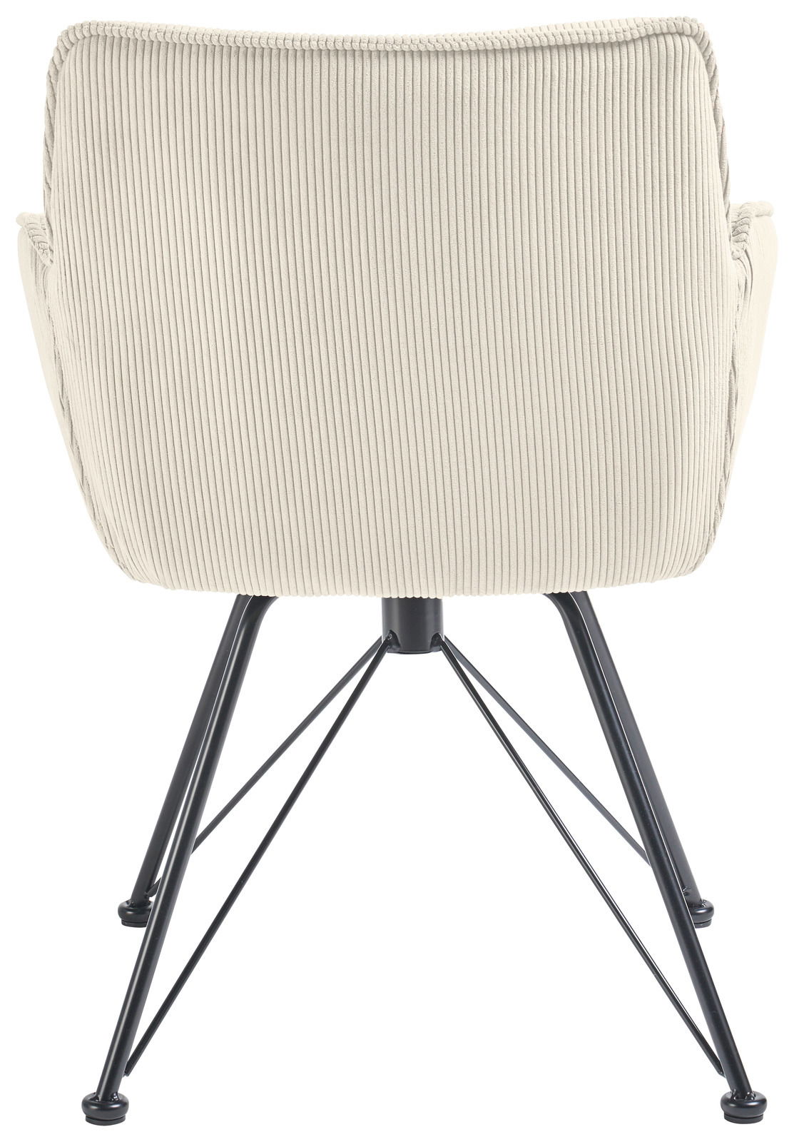 Rückansicht eines Armlehnstuhls mit cremefarbenem, geripptem Stoffbezug und schwarzen Metallbeinen.