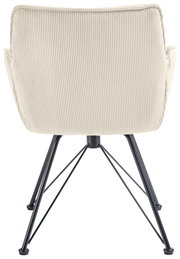 Rückansicht eines Armlehnstuhls mit cremefarbenem, geripptem Stoffbezug und schwarzen Metallbeinen.