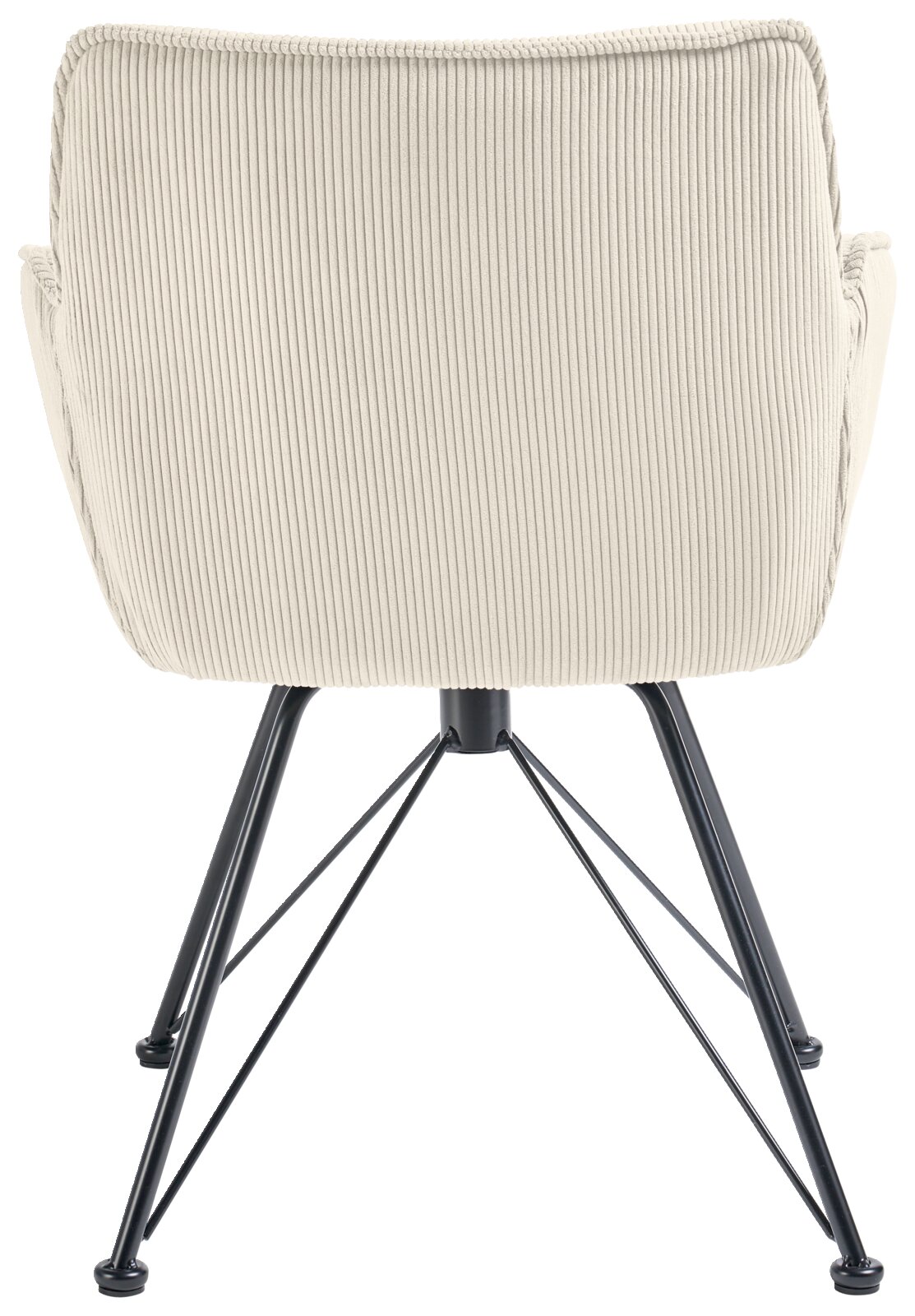 Achterkant van een fauteuil met crèmekleurige, geribbelde stoffen bekleding en zwarte metalen poten.