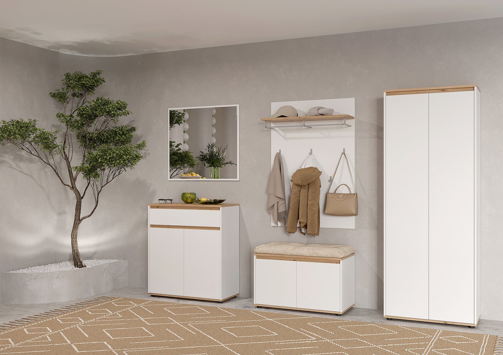 Modernes Flur-Set in Weiß mit Holzoptik-Akzenten: Garderobenschrank, Schuhschrank, Sitzbank mit Polster, Wandpaneel mit Haken und Ablage sowie Spiegel, frontal aus leicht seitlicher Perspektive fotografiert.