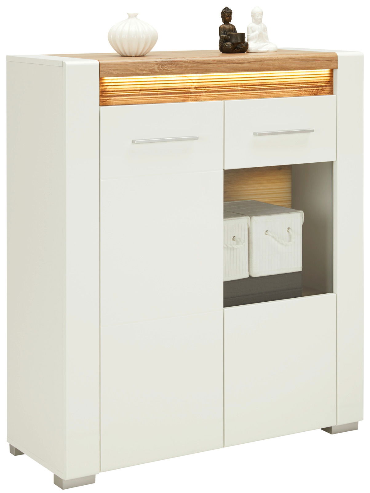 Z2 Highboardvitrine LEONARDO Weiße Vitrine mit Holzoberfläche, dekoriert mit Vasen und Figuren, Frontansicht
