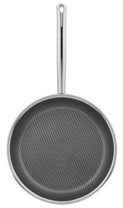 Bratpfanne CUT RESIST PURE 28 aus der Vogelperspektive mit Wabenmuster auf der Innenfläche und einem langen Griff.