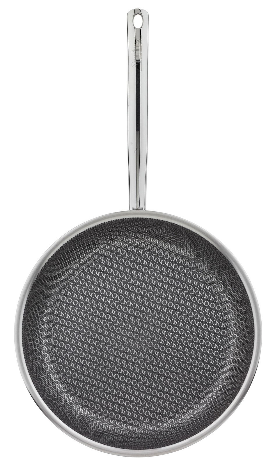 Bratpfanne CUT RESIST PURE 28 aus der Vogelperspektive mit Wabenmuster auf der Innenfläche und einem langen Griff.