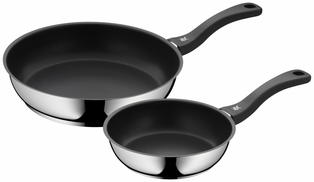 Zweiteiliges Pfannen-Set mit Antihaftbeschichtung, bestehend aus einer großen und einer kleinen Pfanne, in schräger Draufsicht.