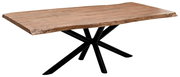 Moderner Esstisch mit natürlicher Holzplatte und schwarzem Metallgestell, seitliche Perspektive