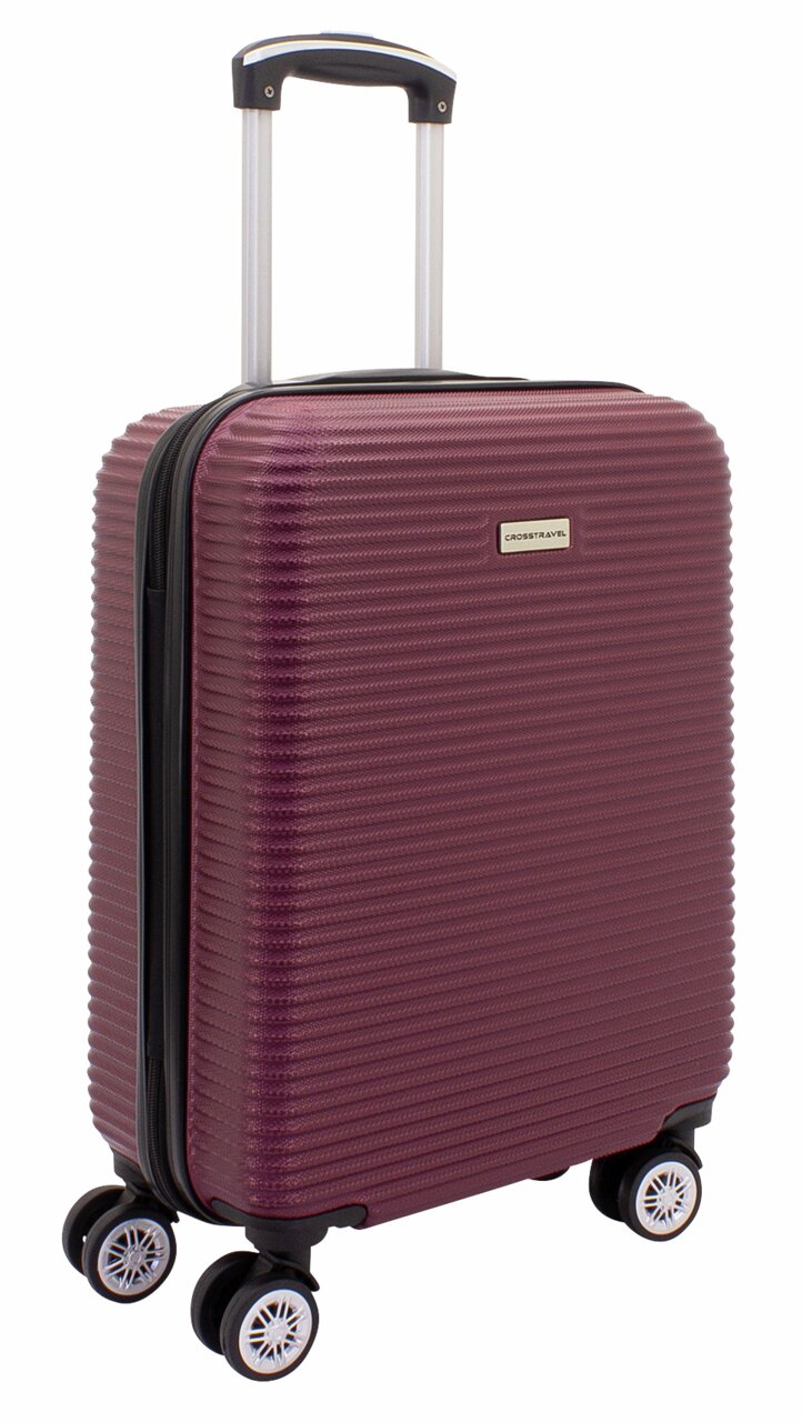 Burgunderfarbener Trolley mit vier Rollen und ausziehbarem Griff, seitliche Perspektive