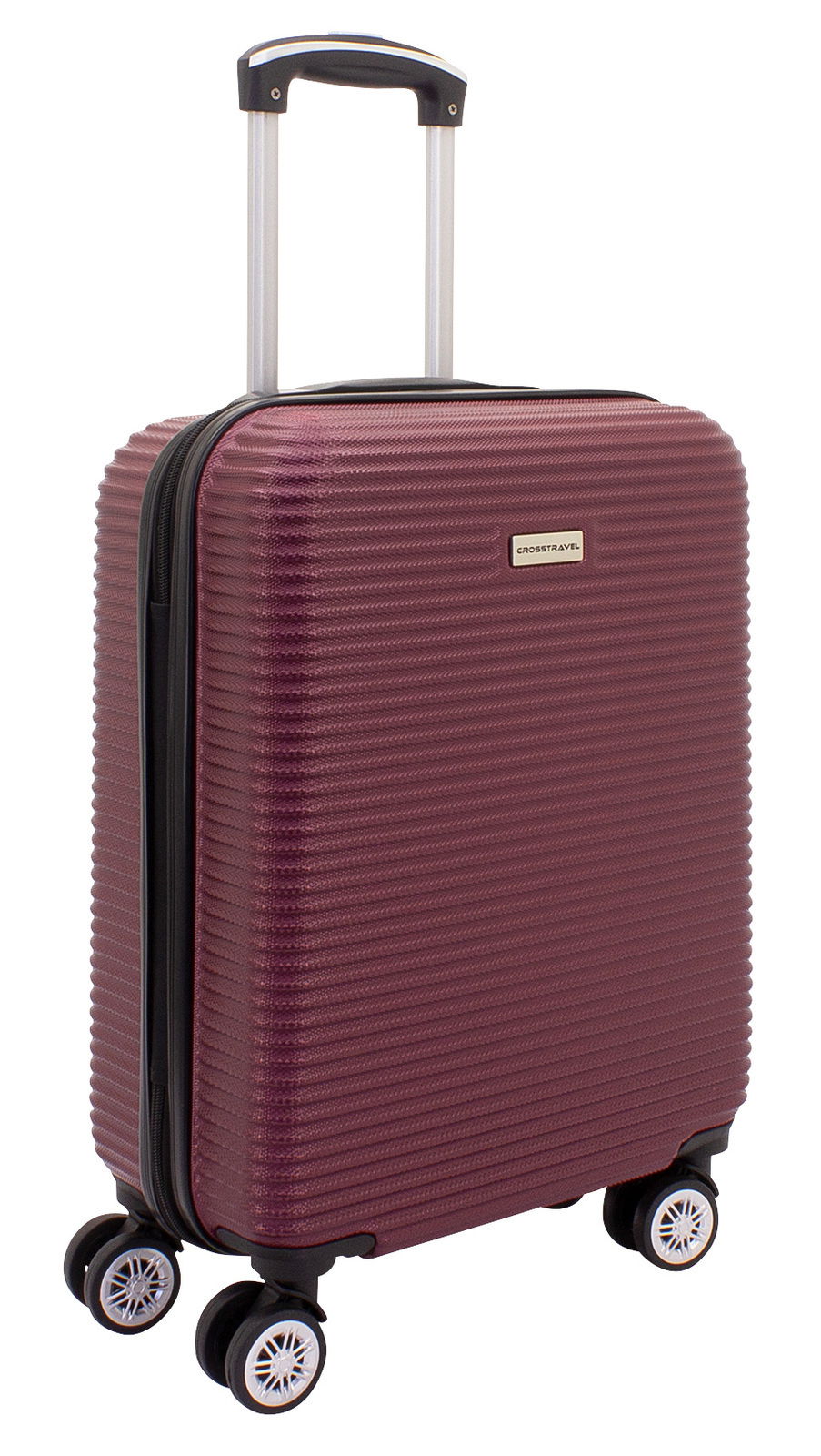 Burgunderfarbener Trolley mit vier Rollen und ausziehbarem Griff, seitliche Perspektive