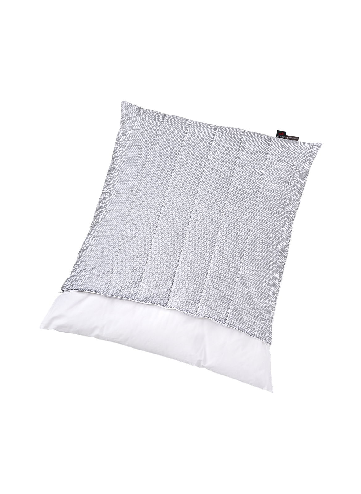 Gestepptes Kissen 80x80cm in Draufsicht mit gemustertem Bezug und Etikett an der Ecke