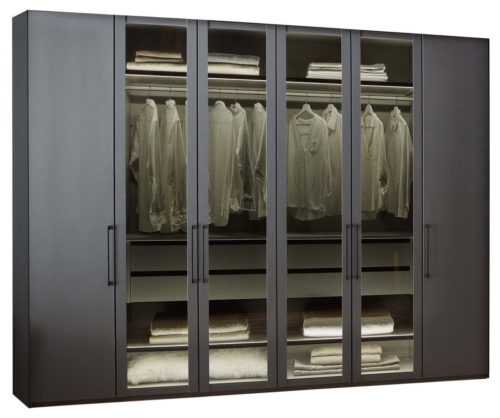 Moderner sechstüriger Drehtürenschrank in dunklem Design, frontal abgebildet, mit Glaseinsätzen und sichtbarer Innenbeleuchtung.