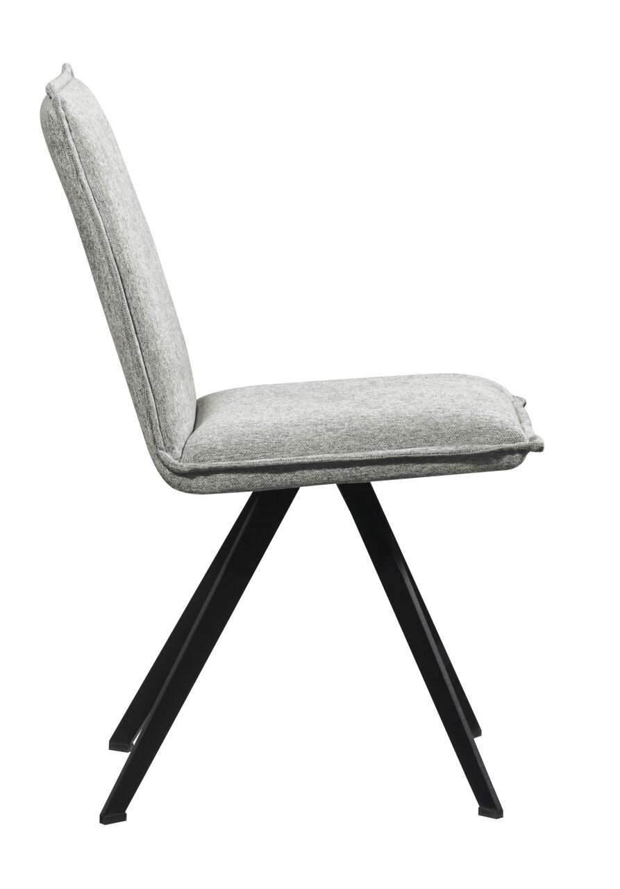 Moderne grijze stoel met zwart metalen frame, zijaanzicht