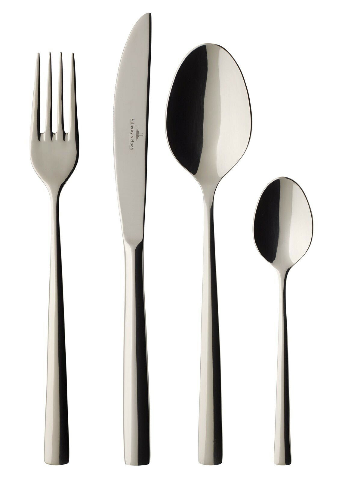 Villeroy & Boch Besteckset 4-tlg. PIEMONT Vierteiliges Tafelbesteck-Set Piemont aus Edelstahl, bestehend aus Gabel, Messer, Esslöffel und Teelöffel, in seitlicher Ansicht.