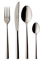 Vierteiliges Tafelbesteck-Set Piemont aus Edelstahl, bestehend aus Gabel, Messer, Esslöffel und Teelöffel, in seitlicher Ansicht.