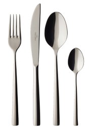 Vierteiliges Tafelbesteck-Set Piemont aus Edelstahl, bestehend aus Gabel, Messer, Esslöffel und Teelöffel, in seitlicher Ansicht.