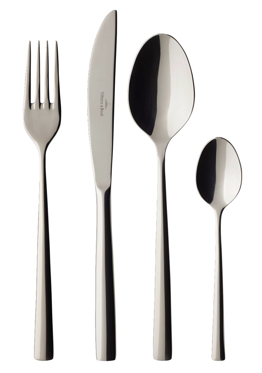 Vierteiliges Tafelbesteck-Set Piemont aus Edelstahl, bestehend aus Gabel, Messer, Esslöffel und Teelöffel, in seitlicher Ansicht.