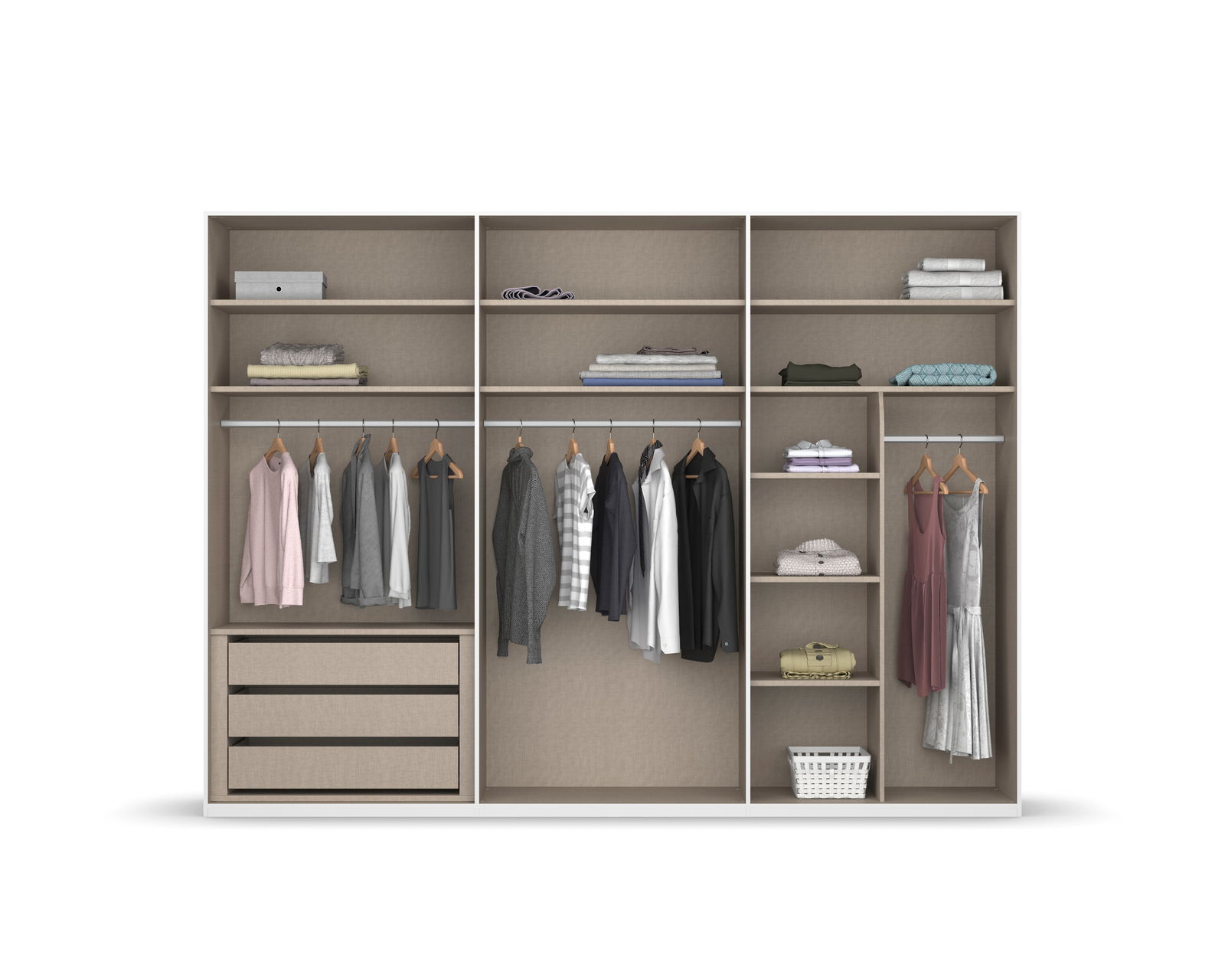 Offener 6-türiger Drehtürenschrank mit mehreren Fächern, Kleiderstangen und Schubladen, gefüllt mit Kleidung und Accessoires, frontal betrachtet.