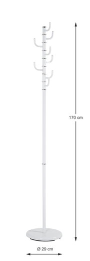 Weißer freistehender Kleiderständer/Garderobenständer aus Metall mit mehreren Haken, runder Standfuß (Ø 29 cm) und Höhe 170 cm, frontal in leicht seitlicher Perspektive vor weißem Hintergrund.