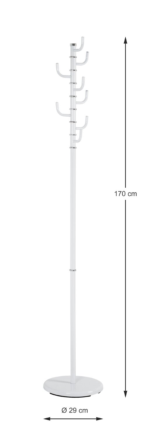 Weißer freistehender Kleiderständer/Garderobenständer aus Metall mit mehreren Haken, runder Standfuß (Ø 29 cm) und Höhe 170 cm, frontal in leicht seitlicher Perspektive vor weißem Hintergrund.
