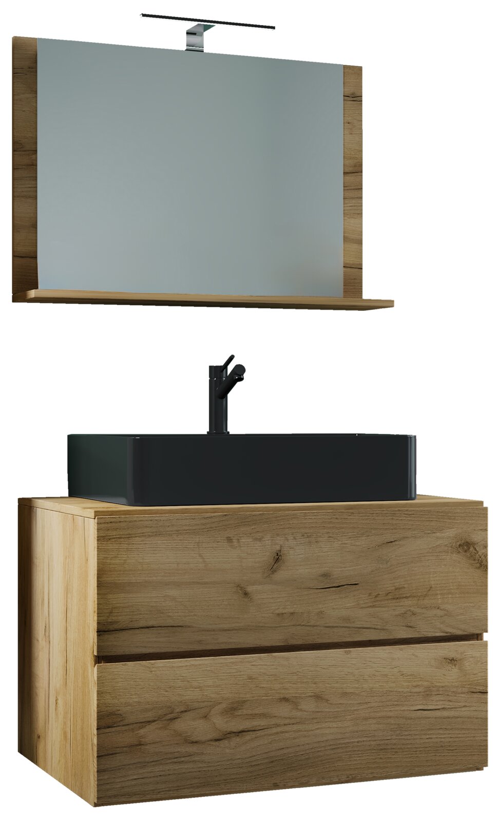 Frontansicht eines modernen Badezimmer-Waschtischsets in Holzoptik mit zwei Schubladen, schwarzem Aufsatzwaschbecken und schwarzer Armatur; darüber ein rechteckiger Spiegel mit Holzrahmen und LED-Aufsatzleuchte.