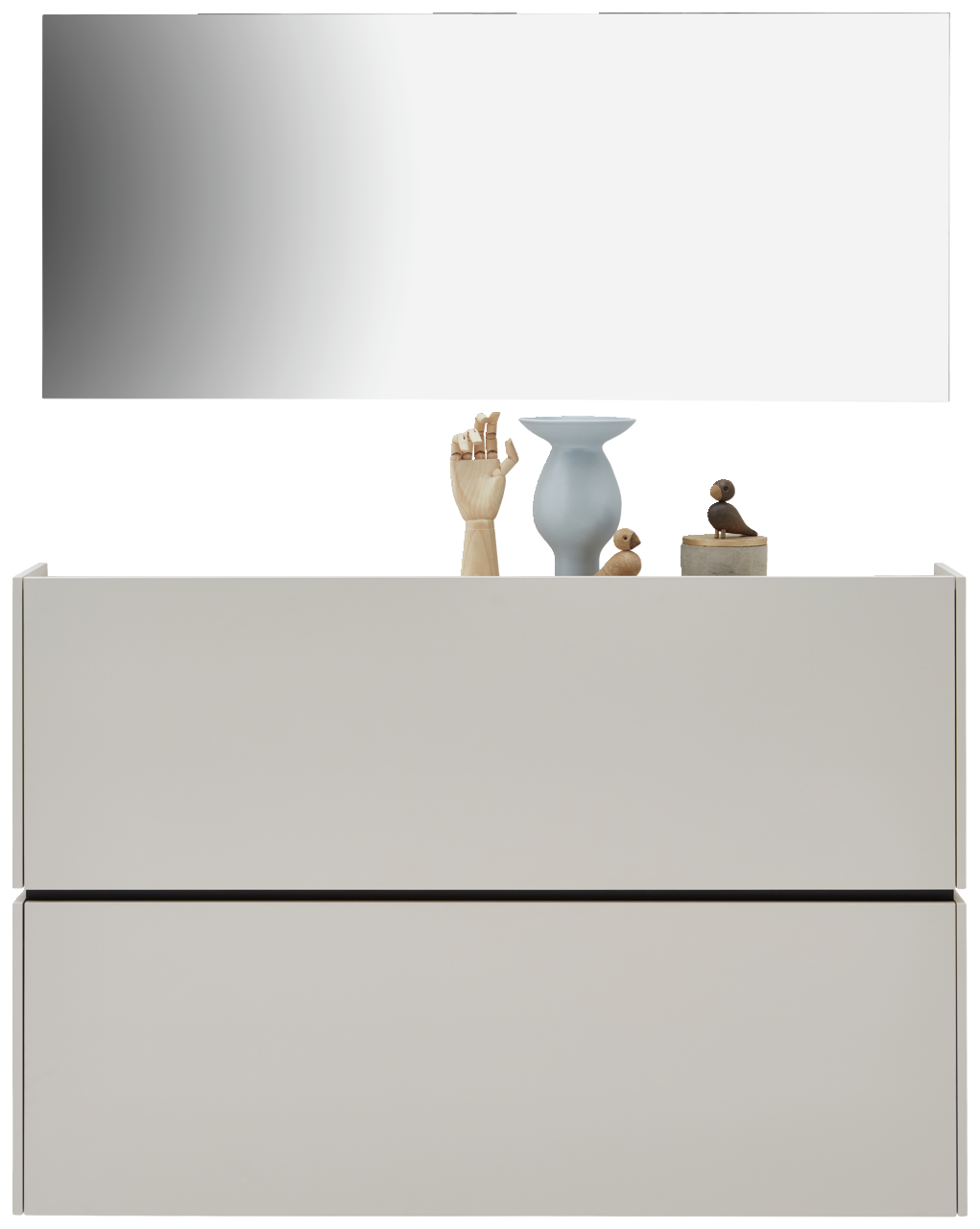 Garderoben-Set in Kaschmir mit modernem Spiegel und dekorativen Elementen, Frontalansicht