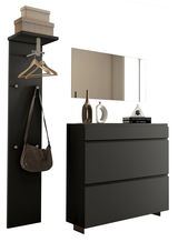 Modernes Garderobenset in Schwarz mit Wandspiegel, Hakenleiste und Kommode, seitliche Perspektive