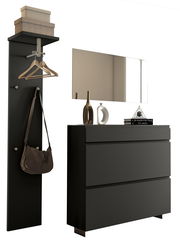 Modernes Garderobenset in Schwarz mit Wandspiegel, Hakenleiste und Kommode, seitliche Perspektive