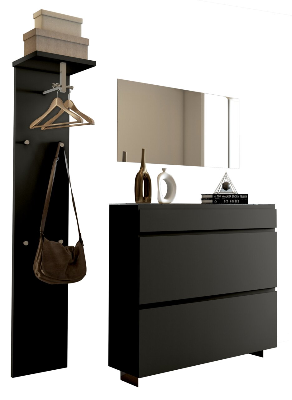 Modernes Garderobenset in Schwarz mit Wandspiegel, Hakenleiste und Kommode, seitliche Perspektive