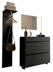 Modernes Garderobenset in Schwarz mit Wandspiegel, Hakenleiste und Kommode, seitliche Perspektive