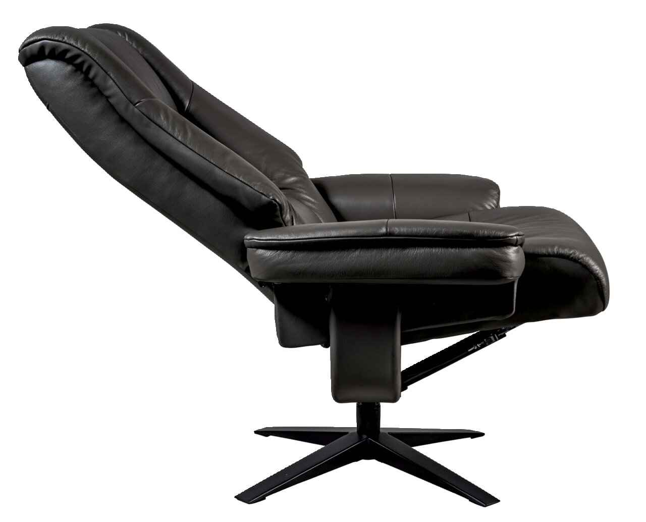 Seitliche Ansicht eines schwarzen Relaxsessels mit Hocker, in Liegeposition auf einem stabilen Metallfuß.