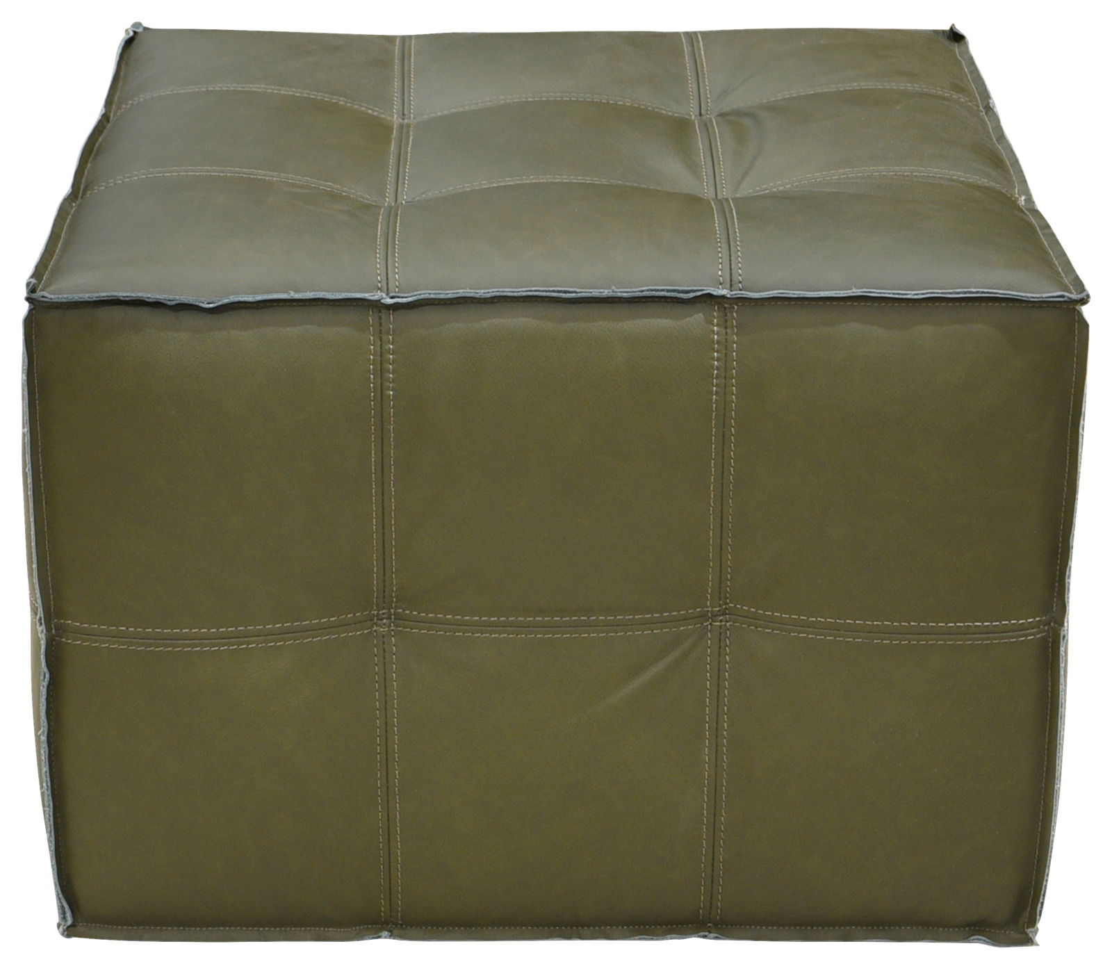 Landscape Hocker VERO Grüner, quadratischer Hocker aus Leder mit sichtbaren Nähten, frontal fotografiert.