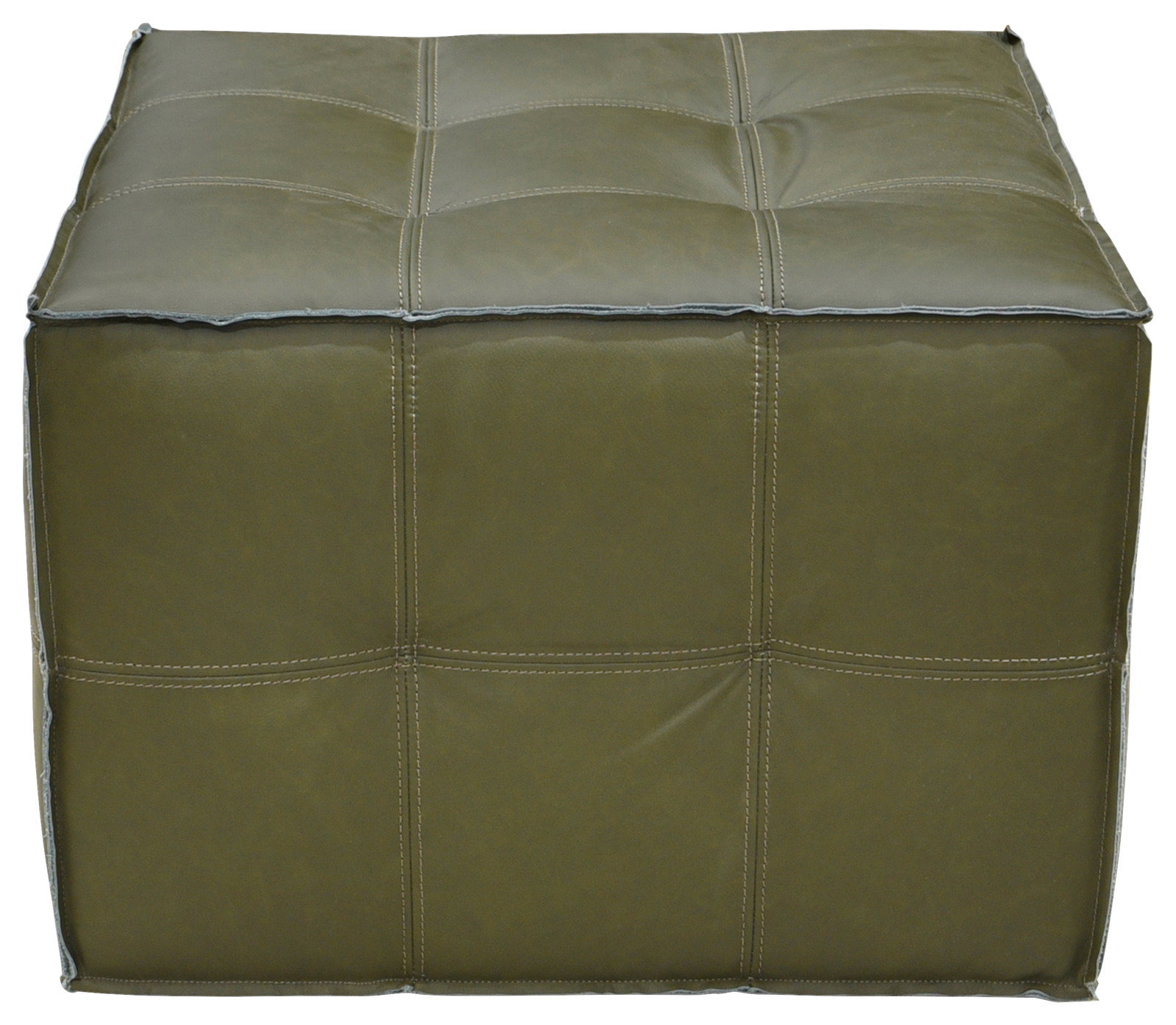 Landscape Hocker VERO Grüner, quadratischer Hocker aus Leder mit sichtbaren Nähten, frontal fotografiert.