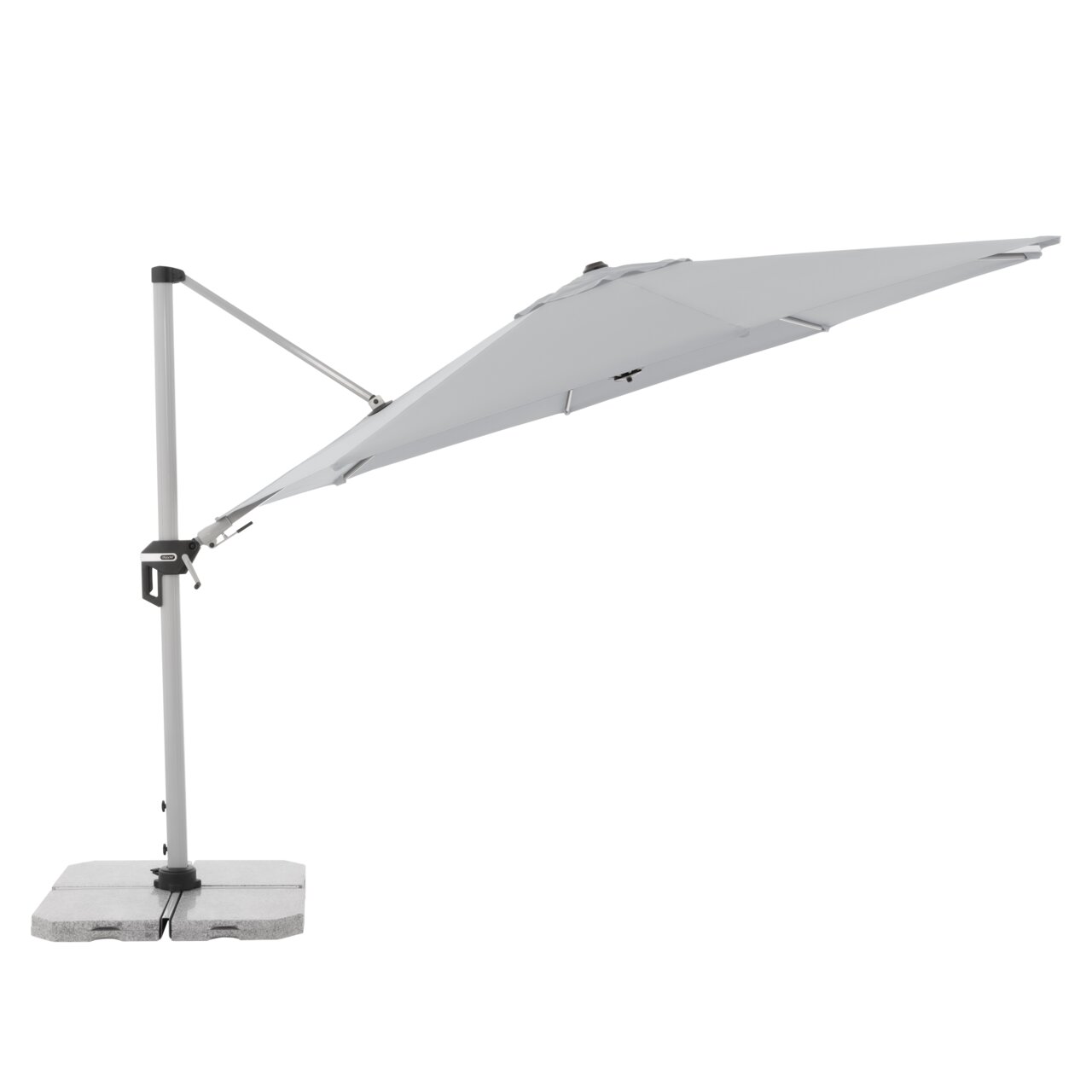 Seitliche Ansicht eines grauen Pendelschirms mit stabilem Standfuß und verstellbarem Arm.