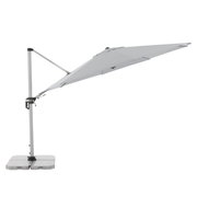 Seitliche Ansicht eines grauen Pendelschirms mit stabilem Standfuß und verstellbarem Arm.