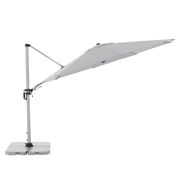 Seitliche Ansicht eines grauen Pendelschirms mit stabilem Standfuß und verstellbarem Arm.