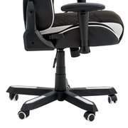 Seitenansicht eines Gaming Stuhls mit verstellbarer Armlehne und stabiler Basis auf Rollen.