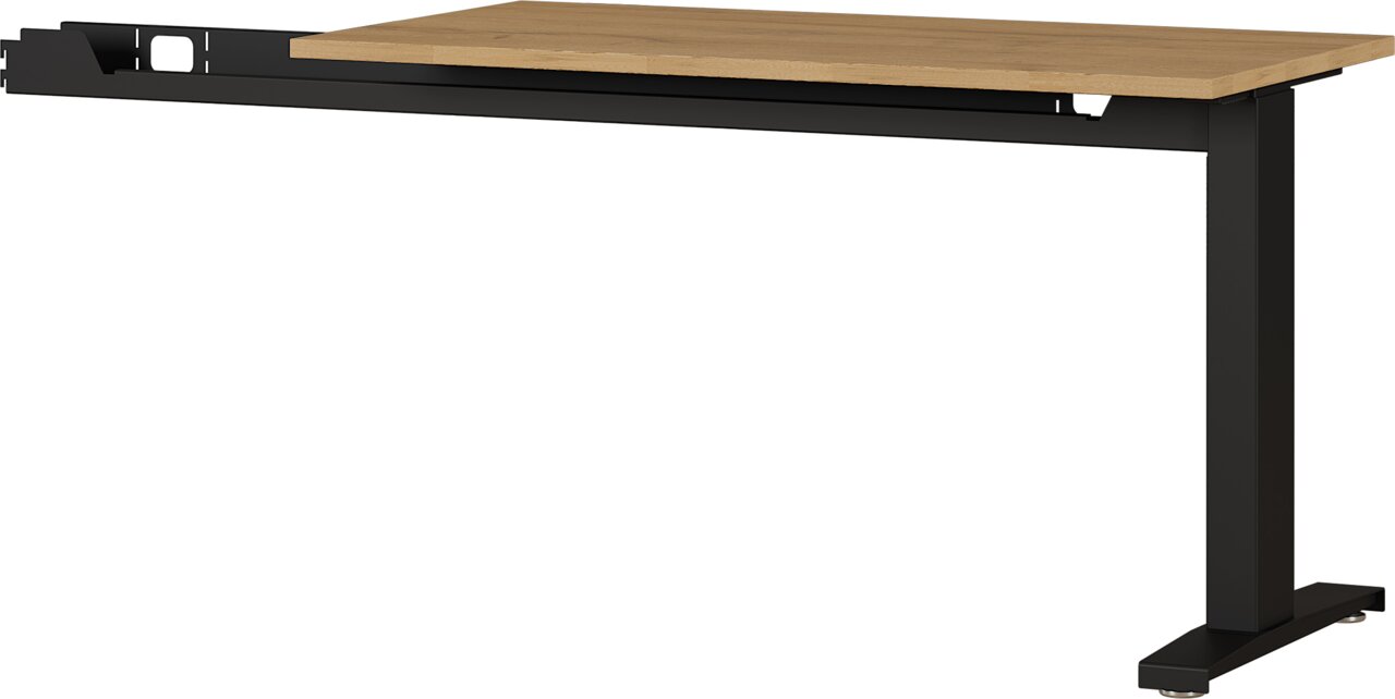MID.YOU Schreibtischanbau 90° AGENDA HOME Schreibtischanbau 90 Grad mit schwarzem Metallgestell und Holzplatte, seitliche Perspektive