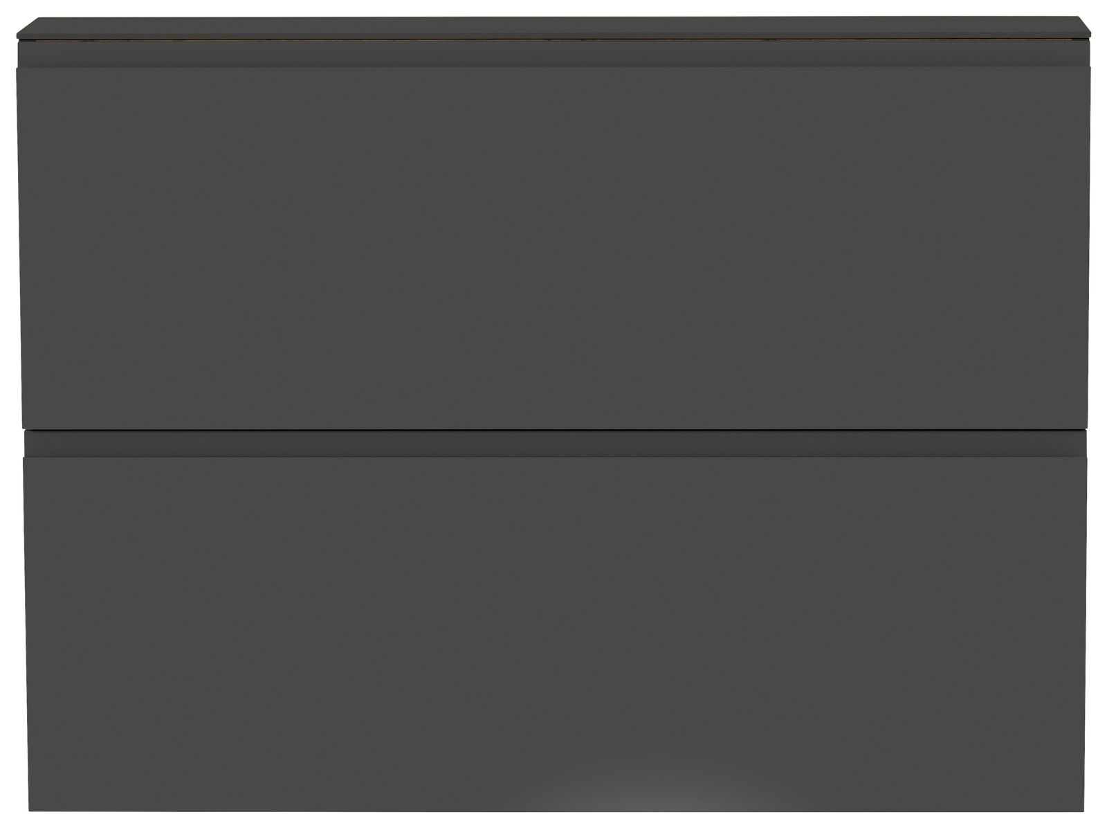 Frontansicht eines modernen, dunkelgrauen Hängeschuhschranks mit zwei Klappen.