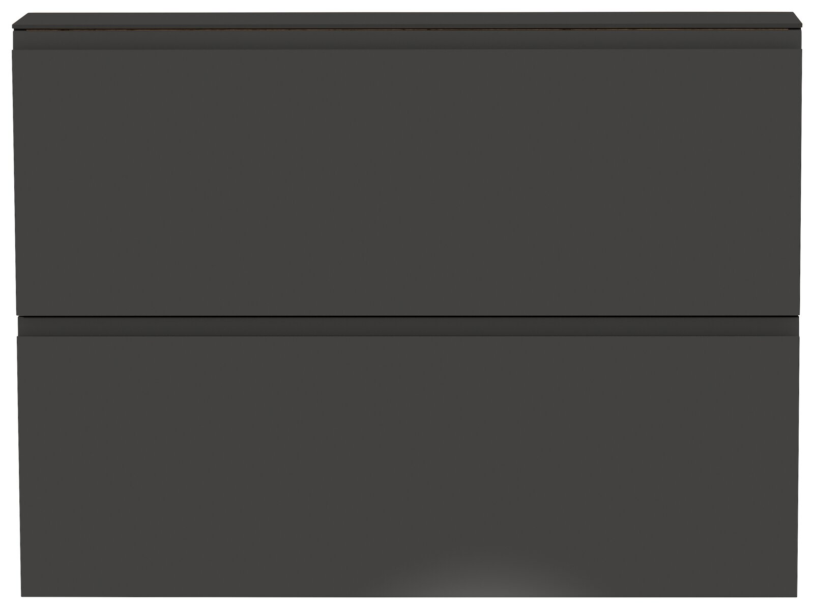 Frontansicht eines modernen, dunkelgrauen Hängeschuhschranks mit zwei Klappen.