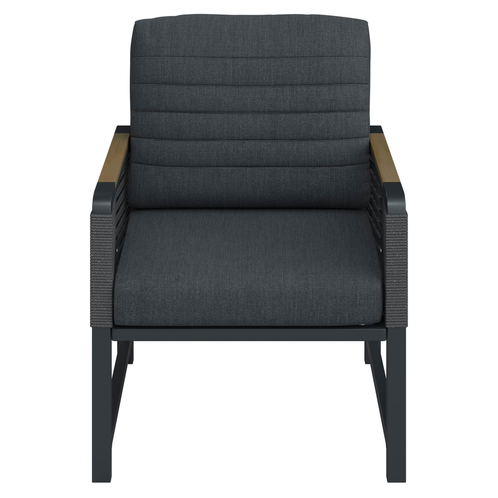 Moderner Gartensessel mit dunklem Polster und Armlehnen aus Holz, Frontalansicht