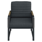 Moderner Gartensessel mit dunklem Polster und Armlehnen aus Holz, Frontalansicht