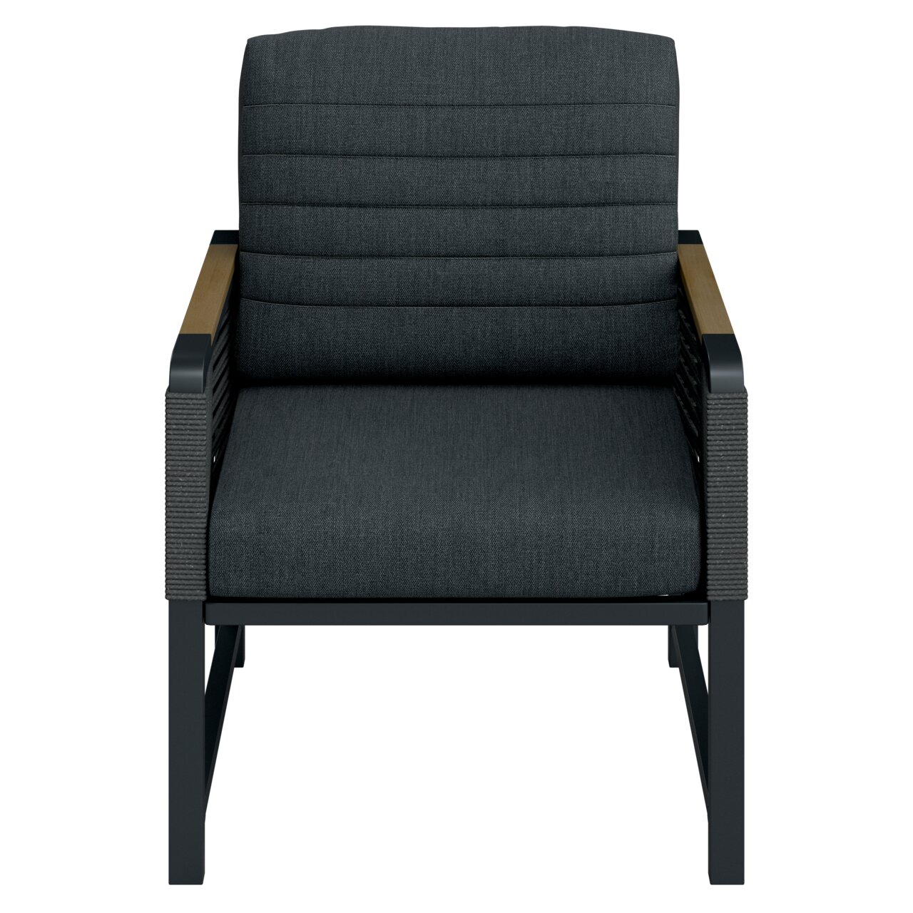 Moderner Gartensessel mit dunklem Polster und Armlehnen aus Holz, Frontalansicht