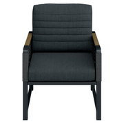 Moderner Gartensessel mit dunklem Polster und Armlehnen aus Holz, Frontalansicht