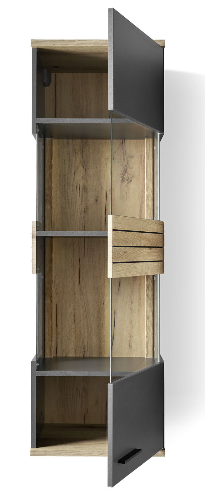 Hängevitrine mit Holz- und Glaselementen, offene Türen, seitliche Perspektive