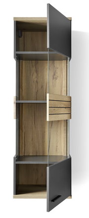 Hängevitrine mit Holz- und Glaselementen, offene Türen, seitliche Perspektive