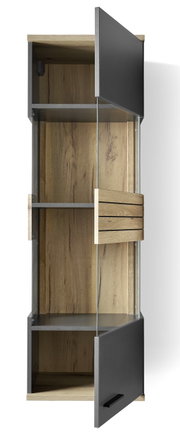 Hängevitrine mit Holz- und Glaselementen, offene Türen, seitliche Perspektive