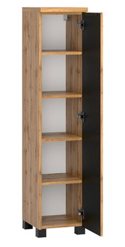 Midischrank 30 cm mit Holzoptik und schwarzer Tür, Perspektive von vorne rechts